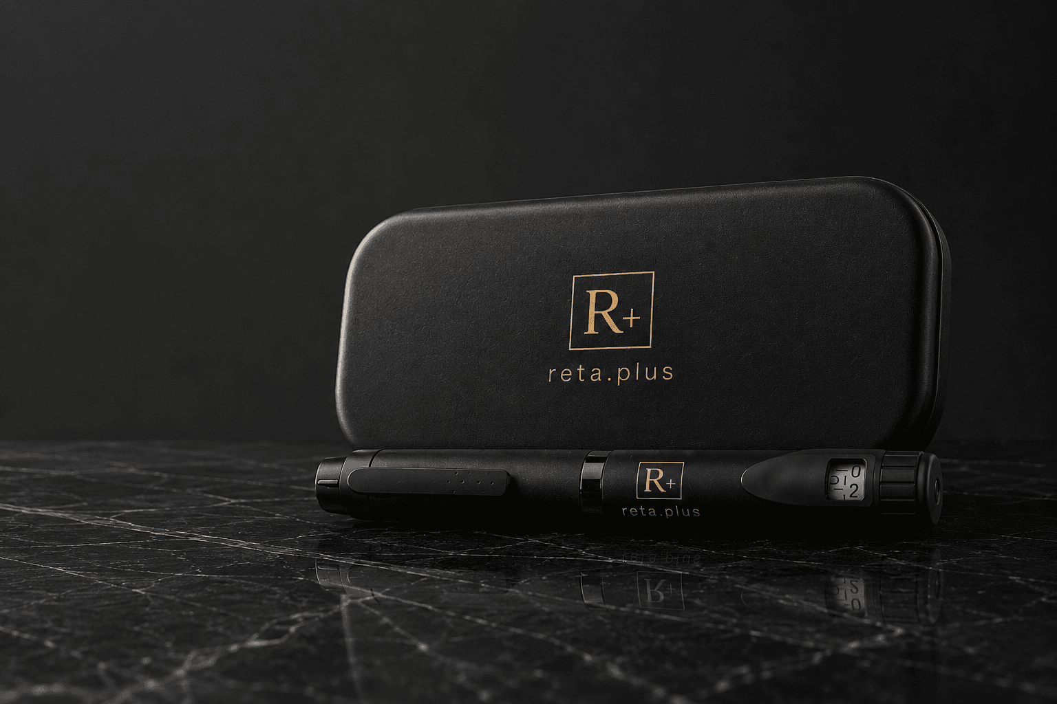 RETA+ matte black research case with precision pen on dark marble surface